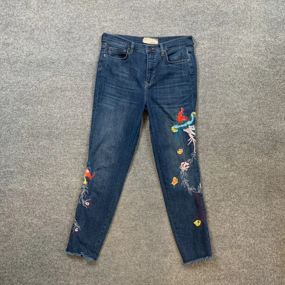 Free People Jeans Womens 30 Blue Embroidered Bird Skinny High Rise Raw Hem Denim